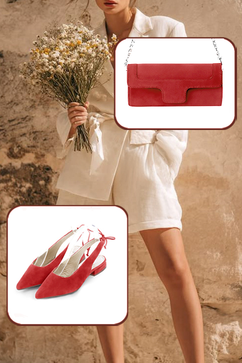Dress slingback heels in scarlet red leather with flat flare heels and pointed toe - Worn view